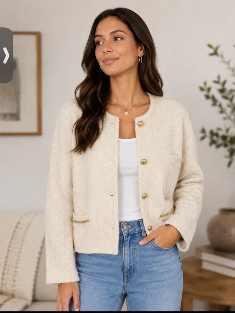 589 Future Collective Bouclé Cropped Jacket Cream 1X 24” P2P Gold Button NWT